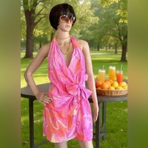 NWT Kulani Kinis Vibrant Pink Halter Wrap Mini Dress Chasing the Sun Size Large.